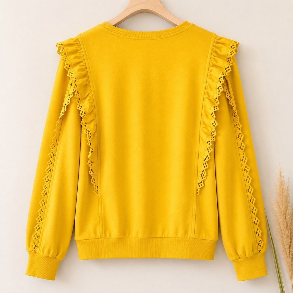 Anthropologie NEW Marigold Yellow Eyelet Ruffle Sleeve Sweatshirt SZ XL Cottage - Picture 3 of 14